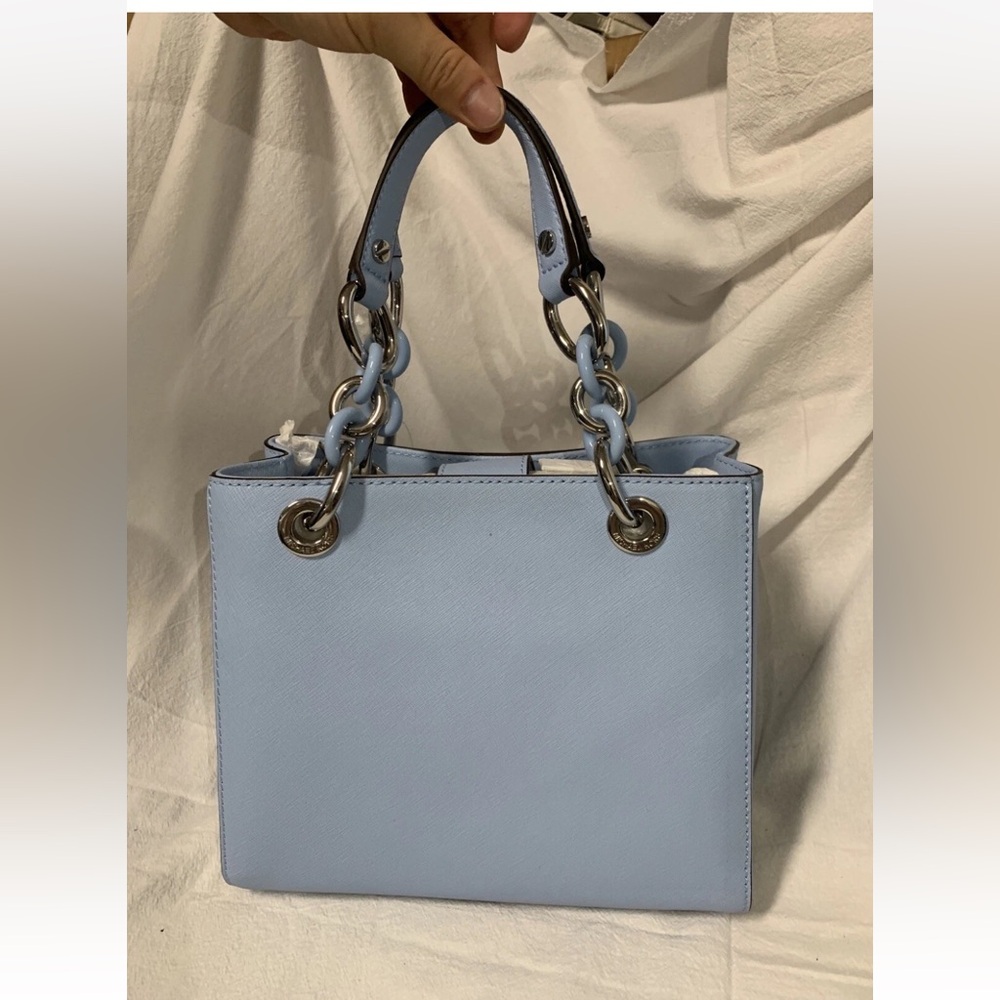 NWT Michael Kors Cynthia Small Saffiano Leather Satchel Bag $298 Sky Blue - Picture 2 of 8